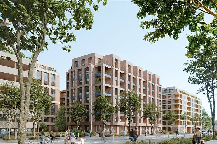 «Le Parc habite», 508 logements, phase 3 de La Cartoucherie à Toulouse - depuis l’avenue Raymond-Badiou